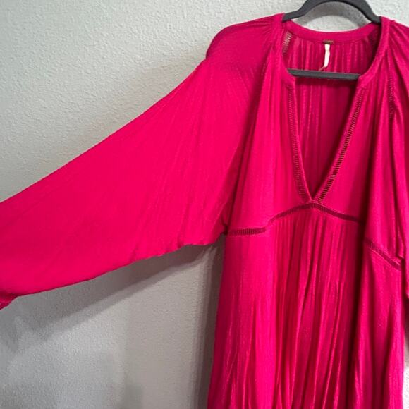 Free People Go Lightly V-Neck Swing Dress Medium Hot Pink Boho Soft Grunge Chic - Picture 4 of 13